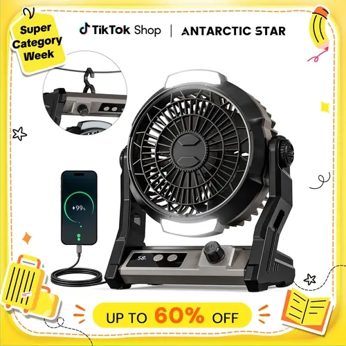 【BackToSchool】Antarctic Star Compact Battery Powered Portable Fan 3-in-1 - 100 Wind Levels, 10000mAh, 7-25H Runtime, 2-Level Night Light, 4 Timers, Automatic Power Off - Desktop/Wall-Mounted/Hanging, Emergency Charger - Indoor Dorm & Camping Accessories,