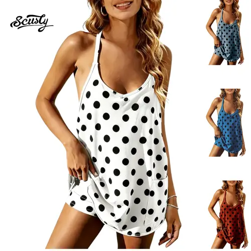 SCUSTY Women's Summer Polka Dot Tennis Dress Sleeveless Spaghetti Straps V Neck Mini Dress with Built-in Shorts Casual Athletic Dress with Pockets