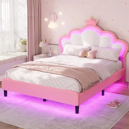 ADORNEVE Full Bed Frame with LED Lights, Princess Bed with Adjustable Chic Double Shell Headboard, Full Girl Bed Velvet Upholstered Platform Bed with Princess Crown, Solid Wood Slats Support