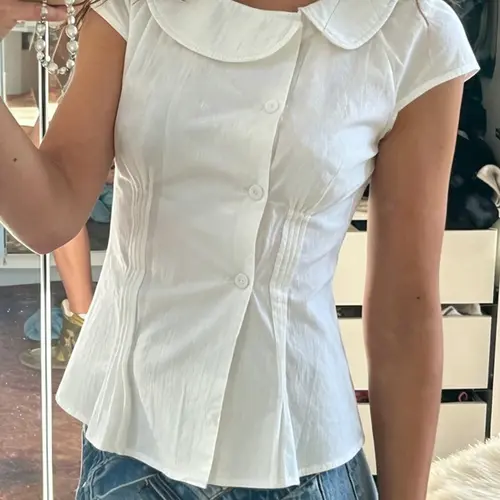 Asymmetric Neck Button Front Shirt Blouse, Cute Waist Cinched Wrinkle Y2K College Style Casual Elegant Classy Retro Short Sleeve Summer Top, Womenswear