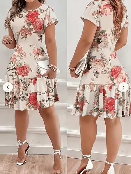 Women's Casual All-Over Print Dress, High Elasticity Knee-Length Short Sleeve Dress, Plain Surface Unlined, Suitable for All Seasons, Clothes