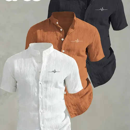 3-Pack Men's Menswear Summer Classic Short Sleeve Top Shirts, Fitted Breathable Fabric Solid Collar Button-Up, Ideal for Beach Pool, Casual Beach Style, Casual Swimwear, Perfect for Summer