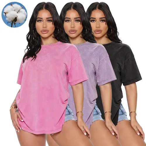 Women’s 3-pack pure cotton T-shirts, washed with a distressed finish, solid colors, crew neck, loose fit, breathable casual tops, suitable for outdoor sports and home wear.