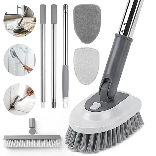 5-in-1 Floor Scrubber with Adjustable Handle, Tile Tub Shower Cleaning Brush with V-Shaped Grout Brush & 4 Replaceable Heads
