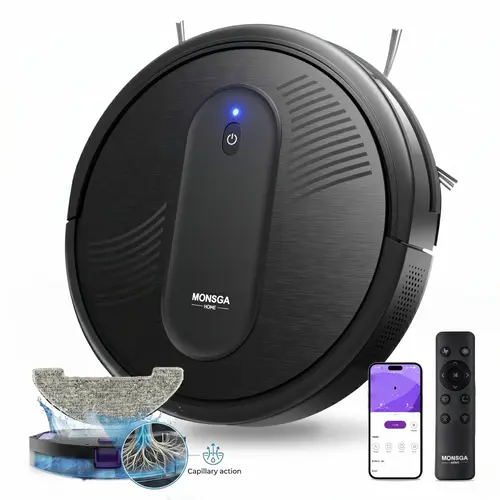 MR1 Robot Vacuum and Mop Combo, 4000Pa Suction/140Min Runtime/Auto Carpet Boost/Anti-Tangle V-Brush, 3.2” Ultra-Thin, App/Voice/Remote Control for Pet Hair/Carpet/Hard Floor SummerVibes