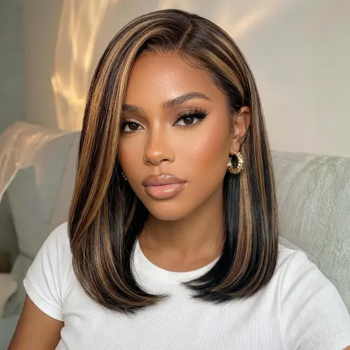 [Side Part]UNice Black with Caramel Highlights Yaki Straight Bob Glueless 7x5 Closure Human Hair Wigs with Drawstring Natural Hairline No Slip Beginners Friendly, Human Wigs, Hd Lace Closure, Female, Voluminous Bob Human Hair Lace Closure Wigs,sohochic