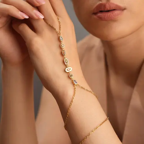 Handmade Artisan Gold-Plated Adjustable Boho 7-Chakra Stone Hand Chain Bracelet - Exquisite, High-Quality Bracelet with Artificial Gemstone Accents, Spiritual Accessory for Wedding, Anniversary Gifting (Unisex)