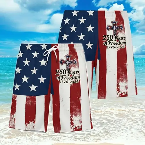 Delivered after July 4th-Patriotic USA Flag&Cross Men's Beach Shorts 1776-2026 - 250 Years Celebration Quick-Dry Shorts with Liner, Gift for Dad