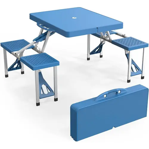 Outvita 4Ft Portable Folding Picnic Table Camping Table Foldable Set with 4 Seats with Umbrella Hole Suitcase Card Table-220 Lbs Support Aluminum Frame, Plastic RV Tabletop for Yard, Travel Summervibes