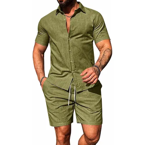 Runcati Mens Summer Beach Outfits 2 Piece Short Sleeve Sets Button Down Linen Cotton Shirts and Shorts Casual Vacation Set