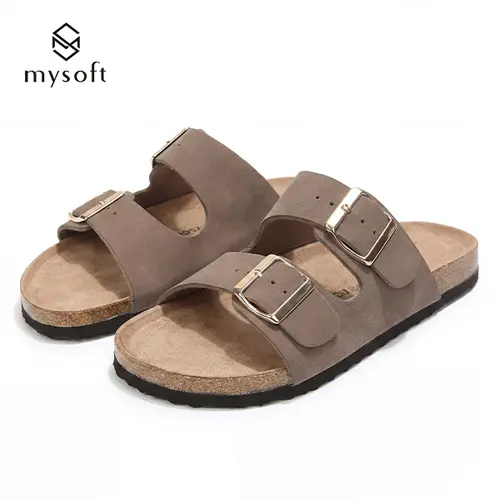 Mysoft Women's Flat Sandals with 2 Adjustable Buckle Straps, Cork Footbed Slides for Summer, Comfortable Slip-On Shoes, Shoes For Women, Adjustable Size Women's Flat Sandals tiktokshopbacktoschool,back to school,back to school haul,sohochic