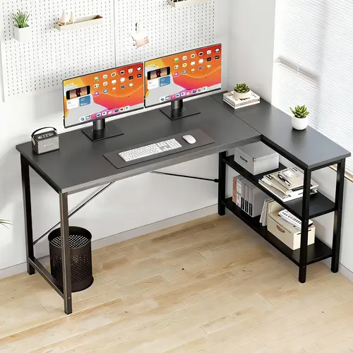 L-Shaped Gaming Desk with Reversible Storage Shelves – Large Home Office Computer Table, Sturdy PC Workstation with Adjustable Feet