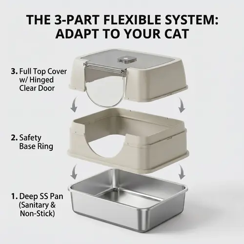 Premium Cat Litter Box for Small/Medium Cats Up to 15lbs, Stainless Steel Base & Plastic Shell（19.69in x 13.78in x 13.78in）Litter Cabinet, 3-Part Modular System, Odor Blocker Deodorizer, Antibacterial Non-Stick Flip-Top Lid, Gray/Beige Enclosure, Home Dec