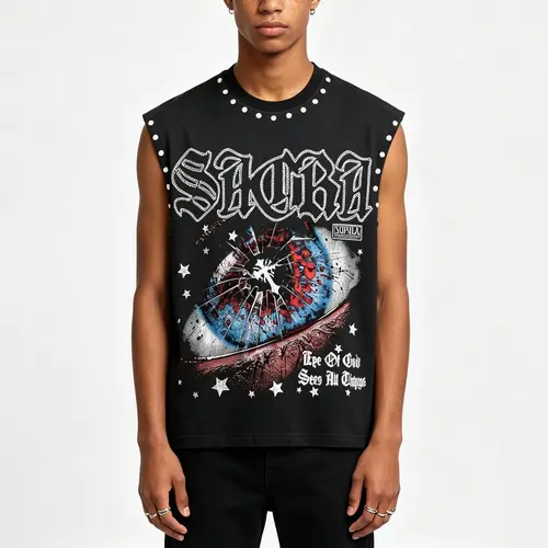 Sopula Studio Men's Sleeveless Eye Of God Graphic Rhinestone Workout Tank Top, Black Menswear Clothes,vintage clothing，swag clothes