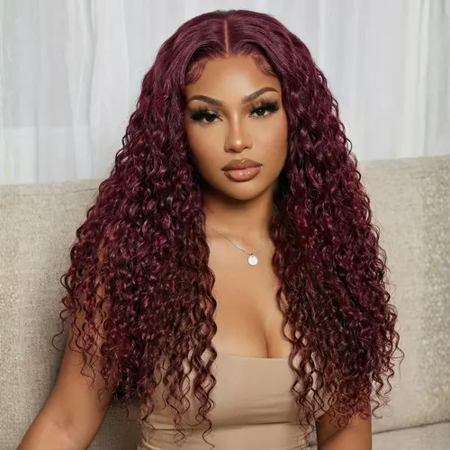 【Clearance】UNice Female 99J Burgundy 13x4 Lace Front Glueless Human Hair Wig, Drawstring Cap, Non-Slip Wet Wavy Beach Curls, Beginners-Friendly Summer Colored Wig,sohochic