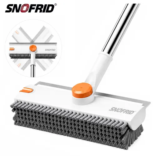 Snofrid 3-in-1 Cleaning Supplies Scrubber Brush Brooms, 54-in Adjustable Long Handle Floor Scrub Brush with Squeegee, Heavy-Duty Stiff Bristle Scrubber for Indoor/Outdoor Use (Orange&White)