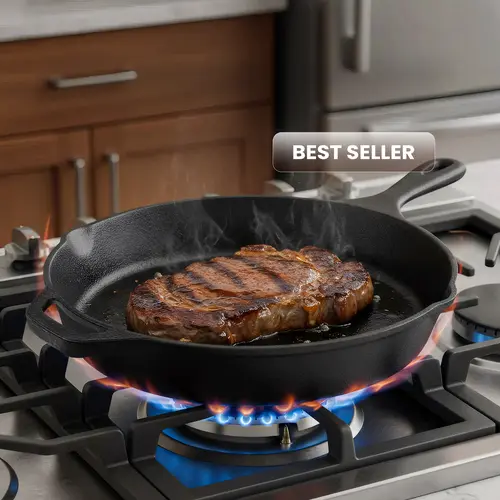 12-in Pre-Seasoned Cast Iron Skillet Pan - Heavy Duty, Oil-Infused Thermal Cookware with Heat Retention, Flavor-Ready Coat, Oven-to-Campfire Safe, Multipurpose Indoor Kitchen Supplies