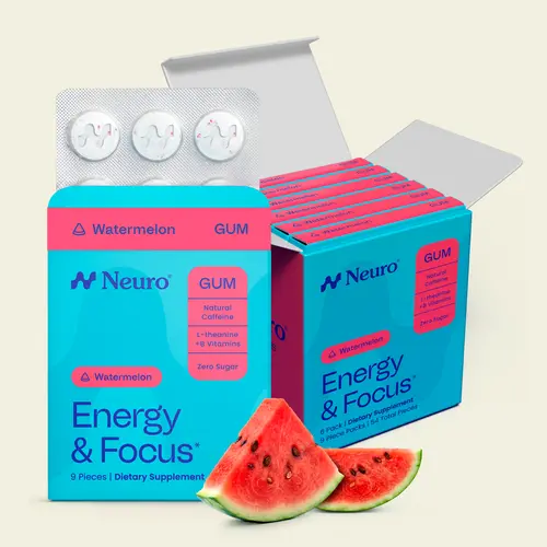 Neuro Watermelon Energy & Focus Gum - Sugar Free with Natural Caffeine, L-Theanine, Vitamin B12 & B6 | No Jitters, No Crash