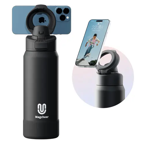 MAGCHEER Insulated Magnetic Stainless Steel Flask - Portable Black-24oz Reusable Drinkware with MagSafe Phone Holder, Keeps Cold for 24H, Modern for Gym & Travel