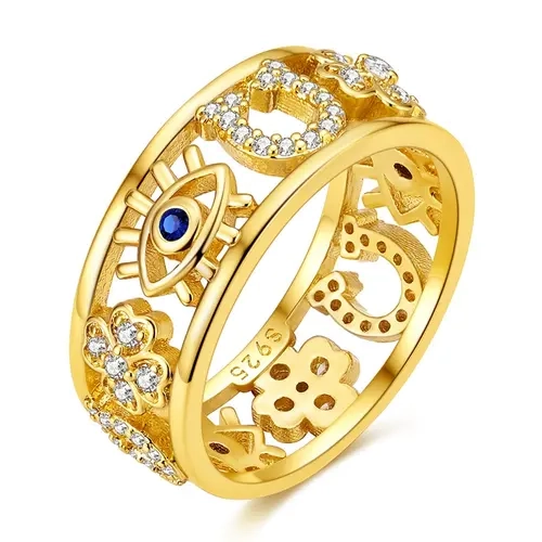 MULA 14K Gold Plated Good Luck Ring for Women – 925 Sterling Silver Evil Eye, Horseshoe & Four-Leaf Clover Wide Band, Boho Protection Amulet Talisman Jewelry Gifts with Blue Zirconia