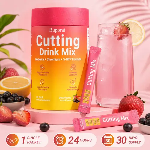 Buporai Cutting Drink Mix – Berberine, 5-HTP,Chromium, Yerba Mate & Magnesium | Strawberry Açaí Flavor – 30 Servings Fitness Dietary