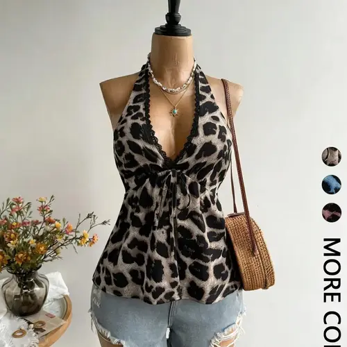 1 Piece Women's Halter Top, Leopard Print Trim V Neck Tie Front Sleeveless Babydoll Cami Top, Flowy Peplum Casual Blouse, Figure Flattering for Daily Wear Vacation Brunch Going Out Streetwear