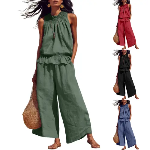 SCUSTY Women's Linen 2 Piece Outfits Sleeveless Ruffle Top Wide Leg Pants Summer Loungewear Beach Travel Sets Clothes Womenswear Suits Gamis