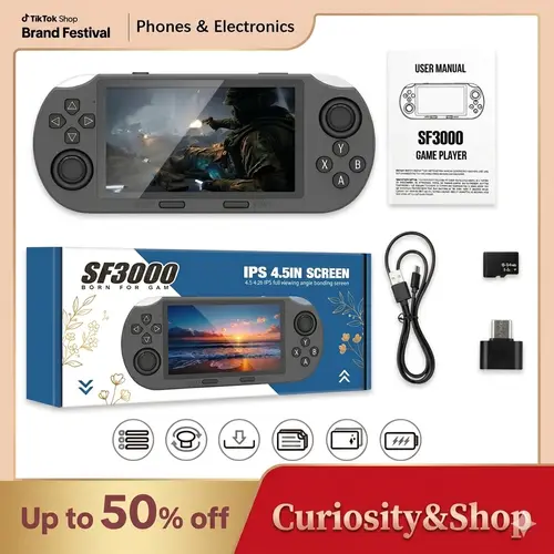 SF3000 Retro Handheld Game Console, 4.5in IPS Screen (854*480), 64G Linux System, 20000+ Classic Arcade Games, Compact Mobile Equipment with USB Controller, Emergency Charging & E-Book Support, Rechargeable Black Gaming Gift for Boys