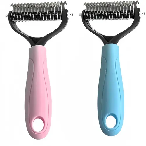 Professional 2-Sided Dual-Head Double-Head Pet Dematting Comb, Pain-Free Undercoat Deshedding Brush Rake for All Fur Types Dogs Cats Puppies, Summervibes Father's Day Grooming Gift (Blue, Pink)