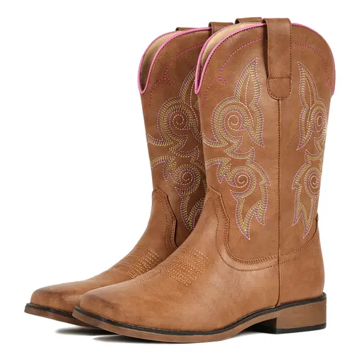 FIORALIE Color Block Leather Cowgirl Boots for Women Square Toe – Mid Calf ladies Western Cowboy Boots with Embroidery, Low Chunky Heel & Pull On Design. Wide Calf Friendly, Perfect for Country Concert, Rodeo, riding,Daily Outfits, Dancing