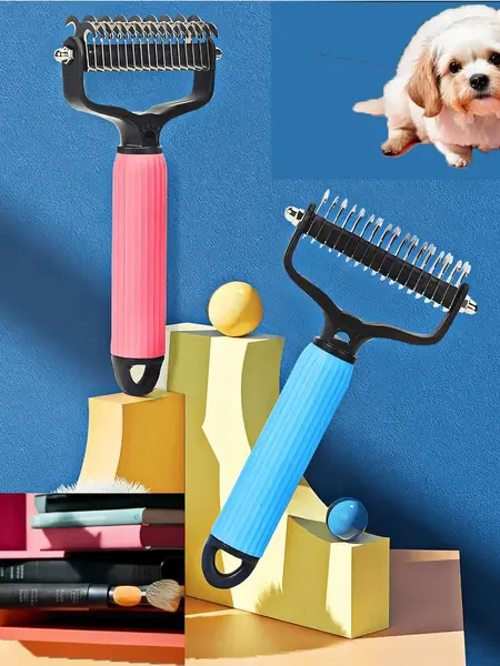 Dual‑Sided Deshedding Tool for Cats & Dogs, Dematting Comb Undercoat Rake, Matted Fur Remover with Secure Grip Handle, Gentle Grooming Brush for Long‑Haired Pets