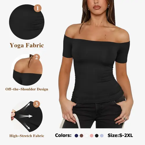 Fisoew Sports  2026 Summer Spring Women's Off-Shoulder Y2K Yoga Short-Sleeve T-shirt, High Elasticity, Solid Color, Slim Fit Basic Style, suitable for home, parties, commuting, travel,, Birthday, Off Shoulder Tops