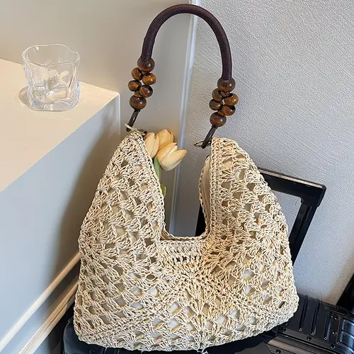 Bohemian Straw Handbag Shoulder Purse - Handcrafted Lightweight Chic Handmade Woven Paper Rope Crochet Crossbody Shoulder Bag for Summer Vacations, Outdoor Outings (Sports & Outdoor Gym Accessory)