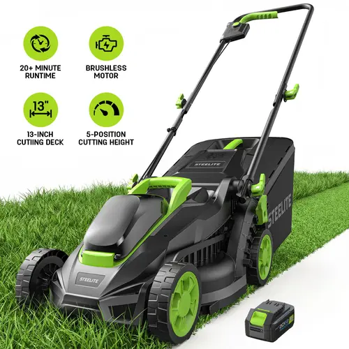 STEELITE 13-in Brushless Cordless Lawn Mower - 21V 4.0Ah Batteries Electric Push Mower with Charger, 5-Position Height Adjustment, 2-in-1 Mulching & Bagging, 8gal Collection Bag, Easy Assembly for Small Lawns, 13-inch Cutting Deck