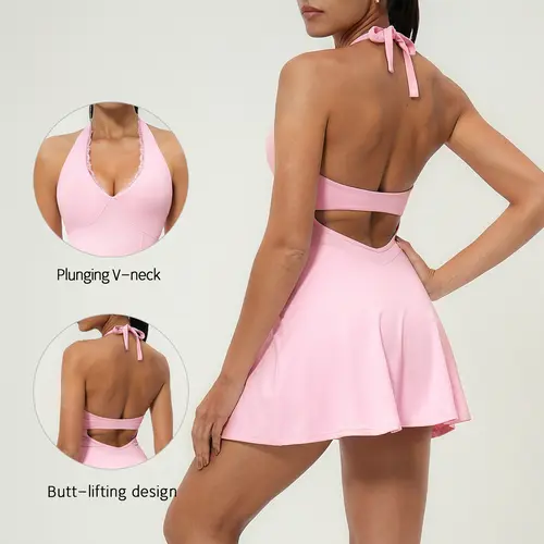 TIMEOFF Women's Fitted Lace Trim Halter V-Neck Athletic Dress - Active Wear, Built-In Shorts with Hidden Phone Pocket, Stretchy Breathable Fabric, Exposure Prevention, Ideal for Tennis, Golf, Pocket For Phone, Hidden Pocket
