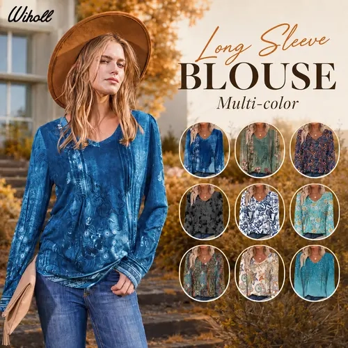 WIHOLL Women's Long Sleeve Trendy Flattering Fashion Style Polyester V-Neck Pleated Blouse with Curved Hem, Indigo Blue Floral Print, Fall Winter Tunic Top - Refer to Size Chart,sohochic