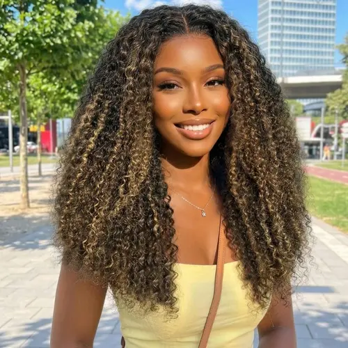 【LIVE SALE】Unice Hair Brown With Blonde Highlights 7x5 Fluffy Curly Coily Texture Glueless Human Hair Wig with Drawstring & Natural Hairline,sohochic