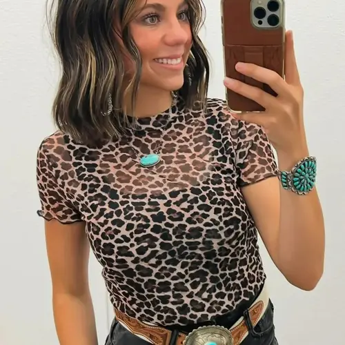 Women's Leopard Print Sheer Mesh Short Sleeve Top - Casual Round Neck Lettuce Trim Slim Fit T-Shirt Blouse, Khaki