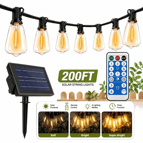 GLEAM 100ft Solar Powered Decorative Lights, Light Sensor-Activated (Day Charge/Auto Night-On), Waterproof-Shatterproof, 8 Modes with Dusk-to-Dawn & Dimmable, Remote Control, Ideal for Porch, Patio (Solar Remote Control Decking & Patio Lighting),sohochic