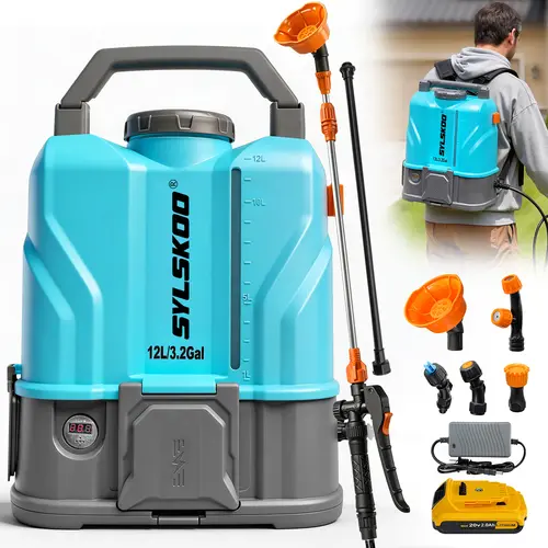 3.2 Gal Battery-Powered Backpack Sprayer, 100 PSI Electric Sprayer with Dew 20V Battery Fit, 20V 0.9 GPM, 5 Nozzles, 2 Wands for Lawn Insect Control, 3.2 Gallon
