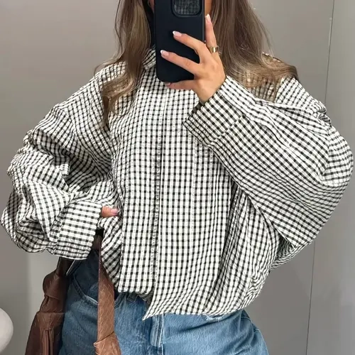 Plaid Oversized Jacket Women's Bomber Jacket Spring Autumn Black & White Check Long Sleeve Top Cropped Stand Collar Zip 2026 New Oversized Fit Side Pockets Daily Wear Street Style Office Casual Top