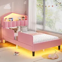 ADORNEVE Twin Size Bed Frame with LED Lights,Velvet Upholstered Platform Bed for Girls,Princess Bed with Safety Guardrail,Headboard with Charging Station & Hidden Storage,No Box Spring Needed