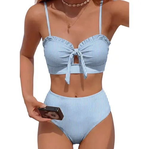 Aleumdr Women's 2-Piece Bikini Set - Tie Front, High Waisted, Tummy Control, Cut-Outs, Adjustable Straps - Bikini Beach Wear, Bathing Suits, Swimsuits for Figure Enhancement, 2-Piece Bikini Sets