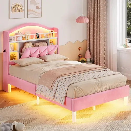 ADORNEVE Twin Bed Frame - Glam Velvet Upholstered Princess Platform with Silent Design, LED Lighting, Headboard Charging Station, Guardrail, Crystal Buttons, 1-box Easy Setup, App+Remote Control, 750lbs Support, No Box Spring Needed, Velvet Fabric, Suppor