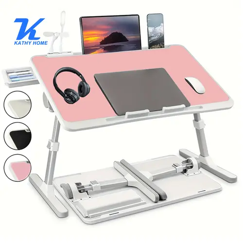 KATHY HOME Adjustable Modern Portable Lap Desk - Wood Frame Laptop Stand Bed Tray with Large Surface, 3 USB Ports, Mini Fan, Light, Foldable Design, Storage Drawer, Cup Holder, Easy to Store, Couch & Floor Use, Mother's Day Gift, Portable Lap Trays
