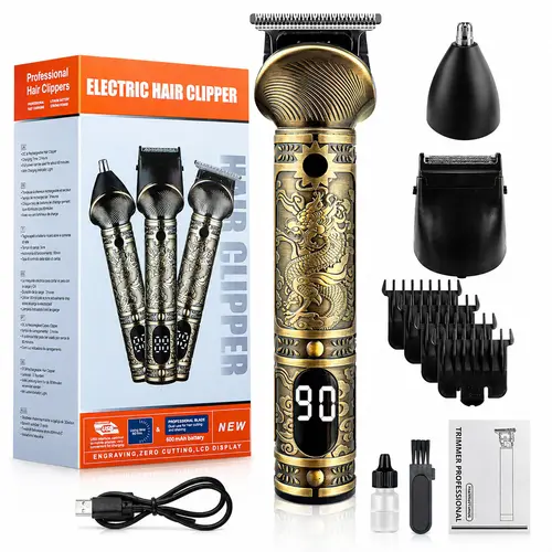 Men's Vintage Dragon T9 Hair Trimmer Kit - Professional 0-Gap Barber Clippers, LCD Display, Adjustable Speed, Portable Cordless Rechargeable Long-Lasting Grooming Set for Beard, Hairline