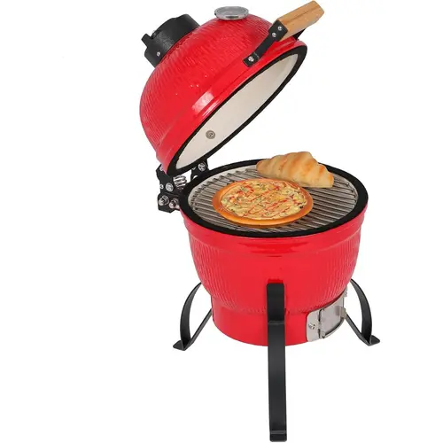 Ceramic Grill, 13" Round Kamado Charcoal Grill, Portable Barbecue Grill with Thermometer for Variations on Cooking Methods(Red)