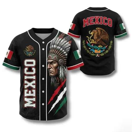 Mexico Baseball Jersey, Aztec Warrior Button Up Shirt, Mexican Flag Eagle Fan Gift, Vintage Mexican Style Baseball Jersey