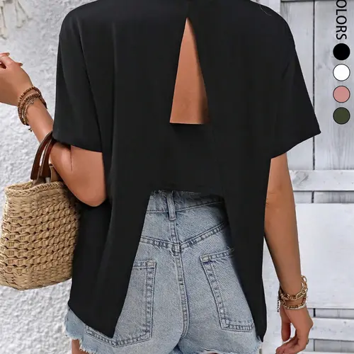 Women's Solid Color Round Neck Short Sleeve Casual Streetwear Loose Fit Minimalist T-Shirt With Back Slit, Casual Comfy Clothes, Stylish Casual Comfy Top, Comfortable Daily Wear, Trendy Fashion Essential, Perfect for Summer