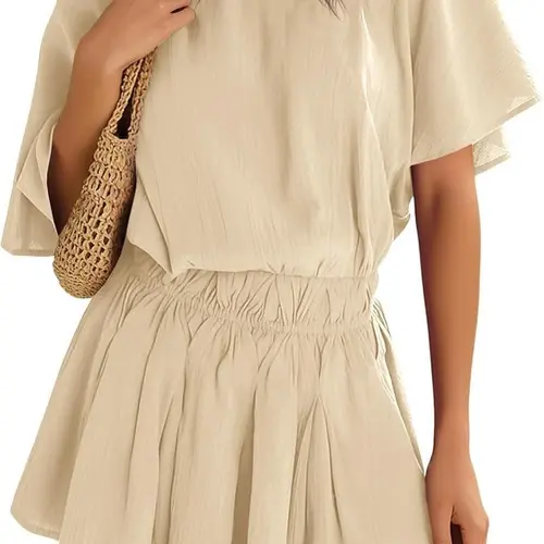 Yousify Women's Off The Shoulder Summer Dress Short Batwing Sleeve Cinched Waist Mini Dress Casual Ruffle A-Line Skirt Suits for Beach Days & Casual Outings - Womenswear, Clothes